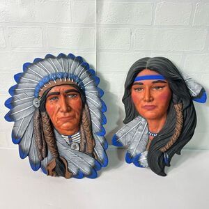 Vintage Native American Indian Wall Plaque Set Ceramic Art Hand Painted  Chief